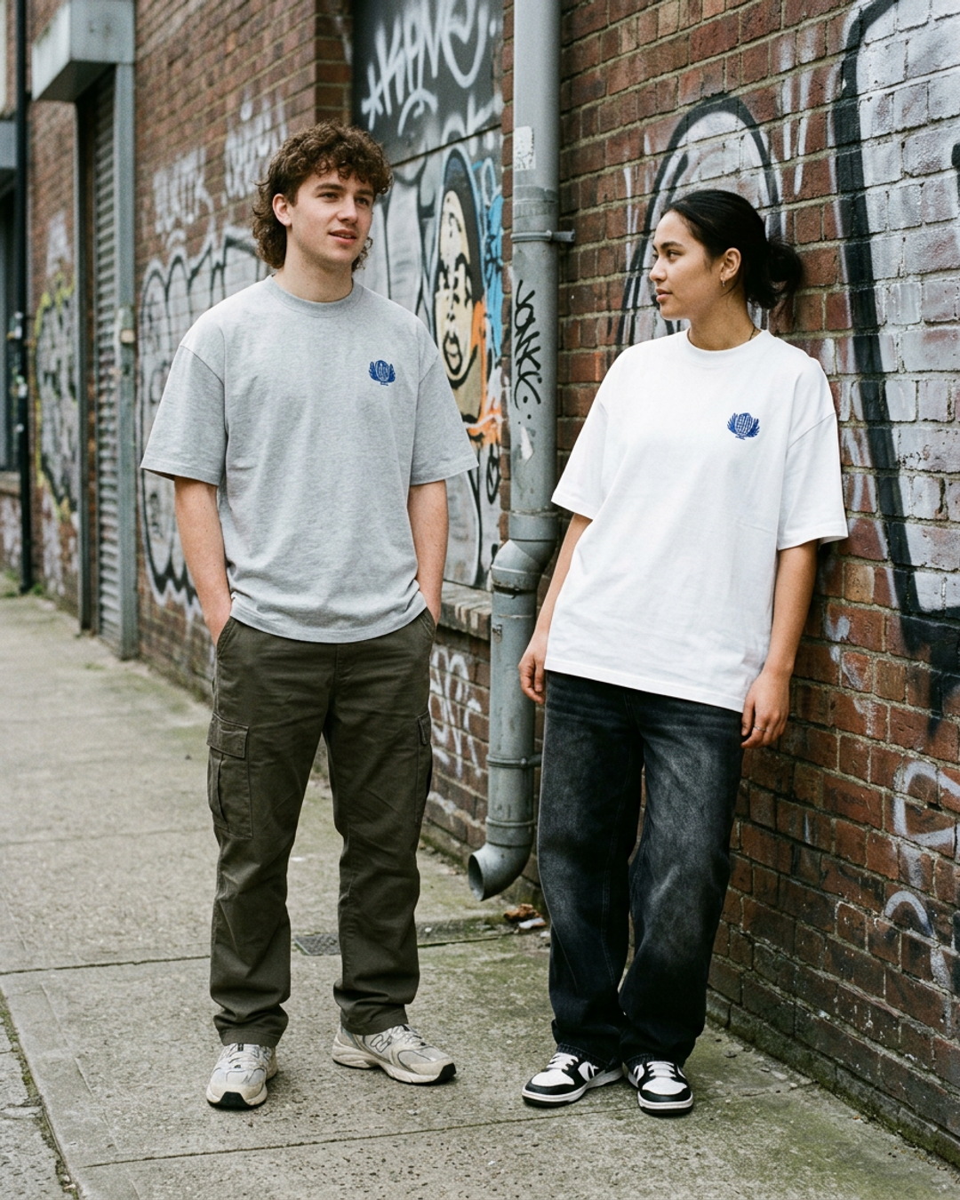Heritage Cobalt tee — two people in a graffiti alley, tight crop on the emblem