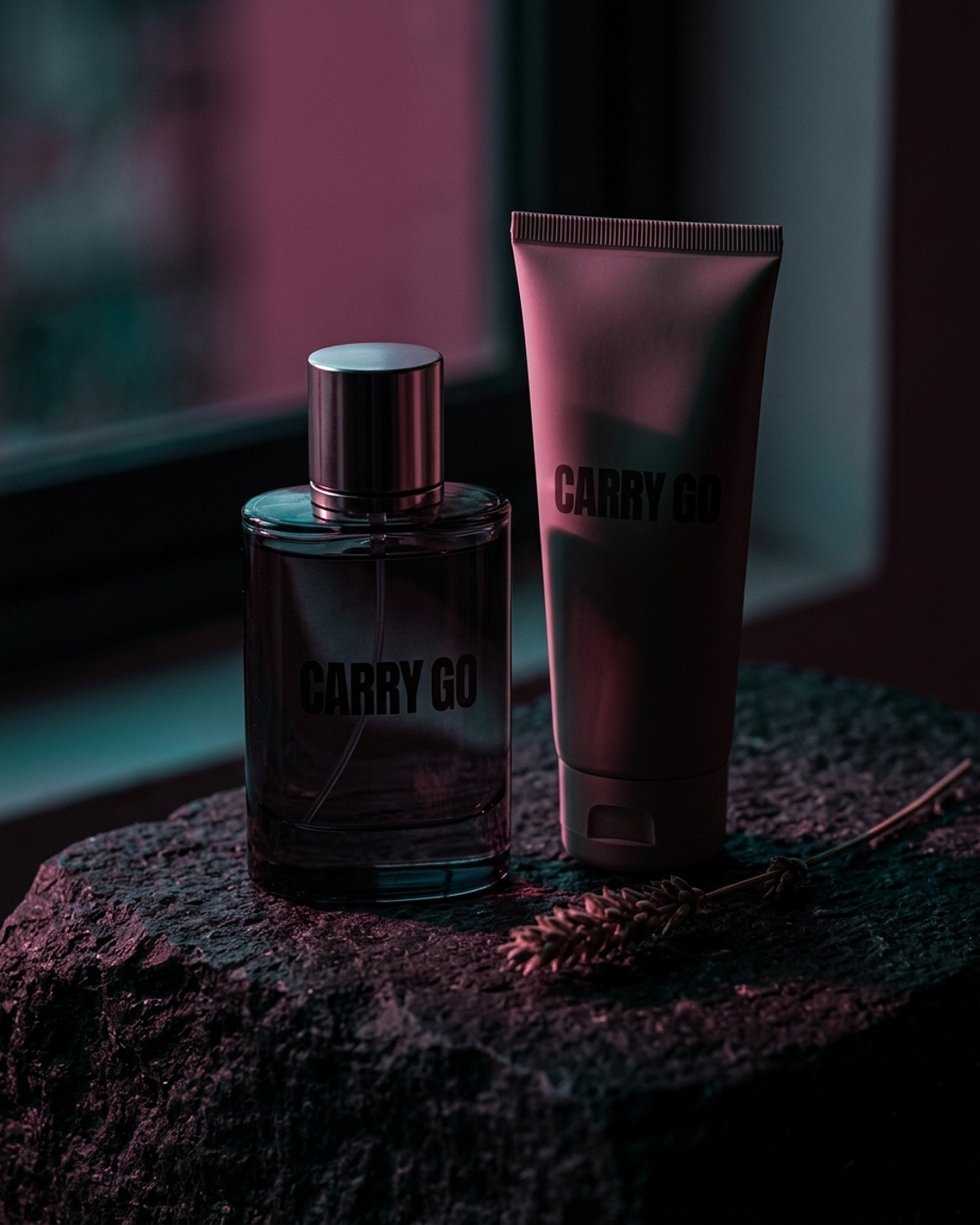 Body lotions and fragrance bottles on a rich dark background, Lagos night aesthetic