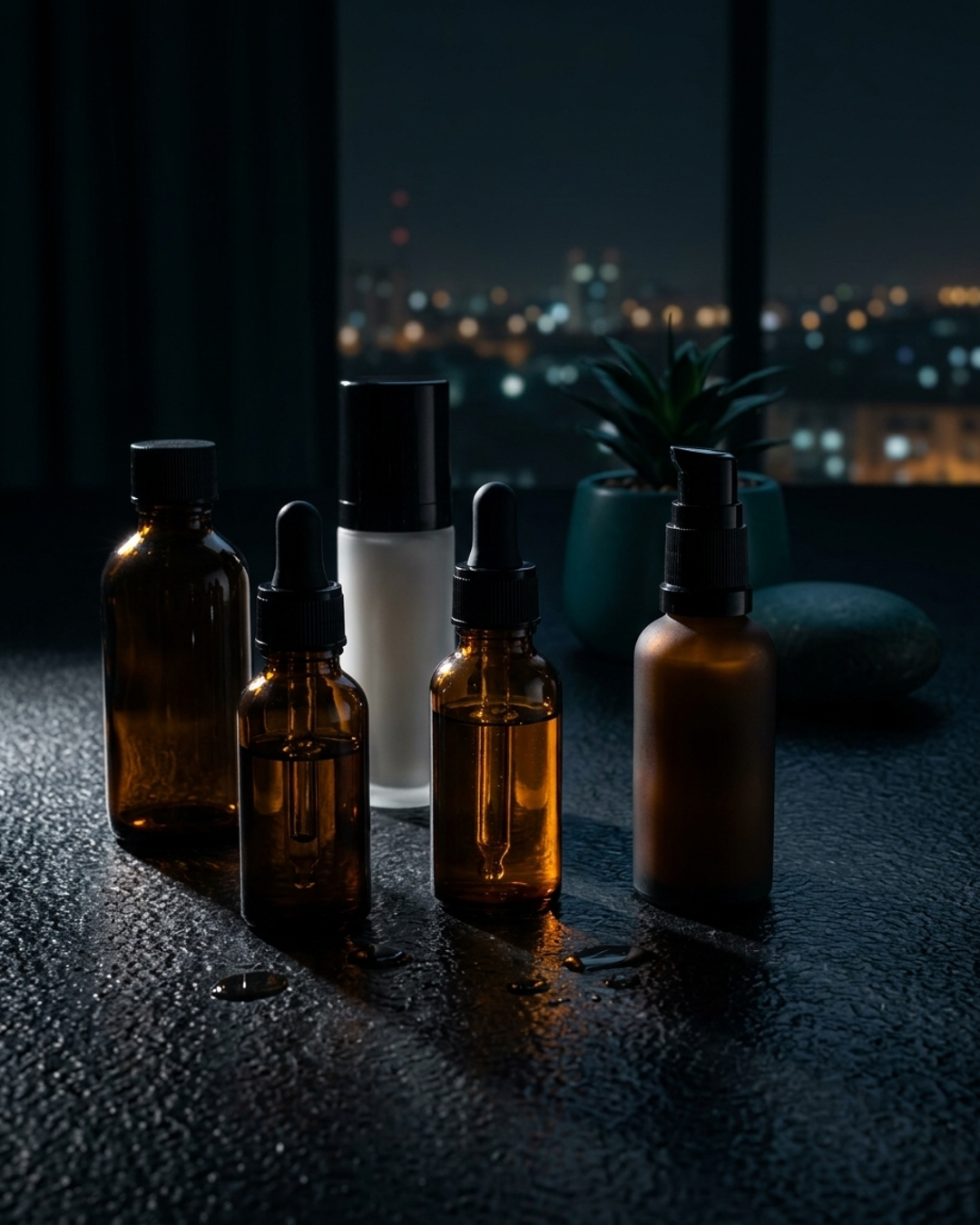 Skincare products arranged on a dark surface: serums, moisturisers, and cleansers for deeper skin tones