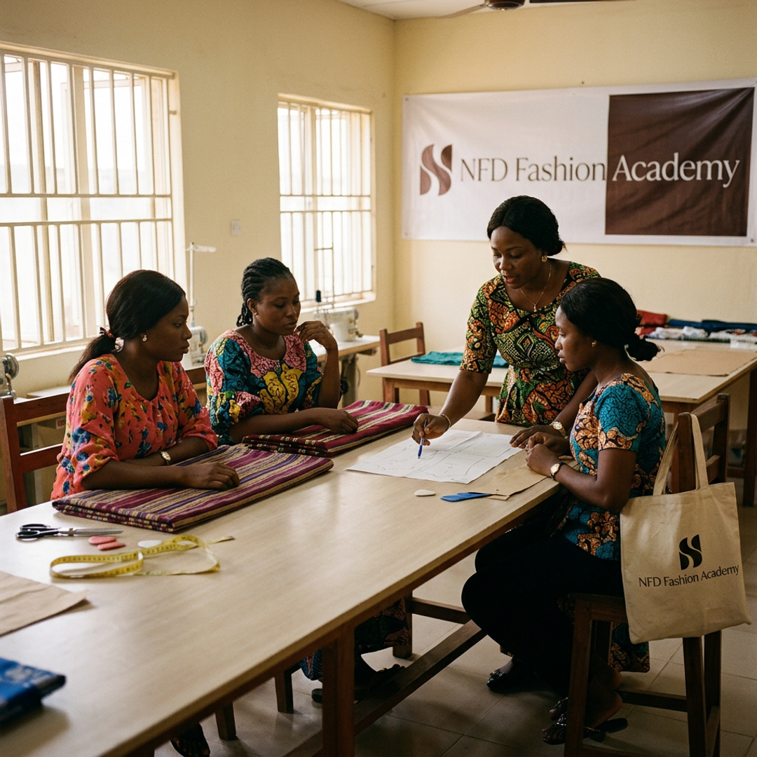 Students at an NFD Academy pilot branch session, working through pattern drafting at shared tables
