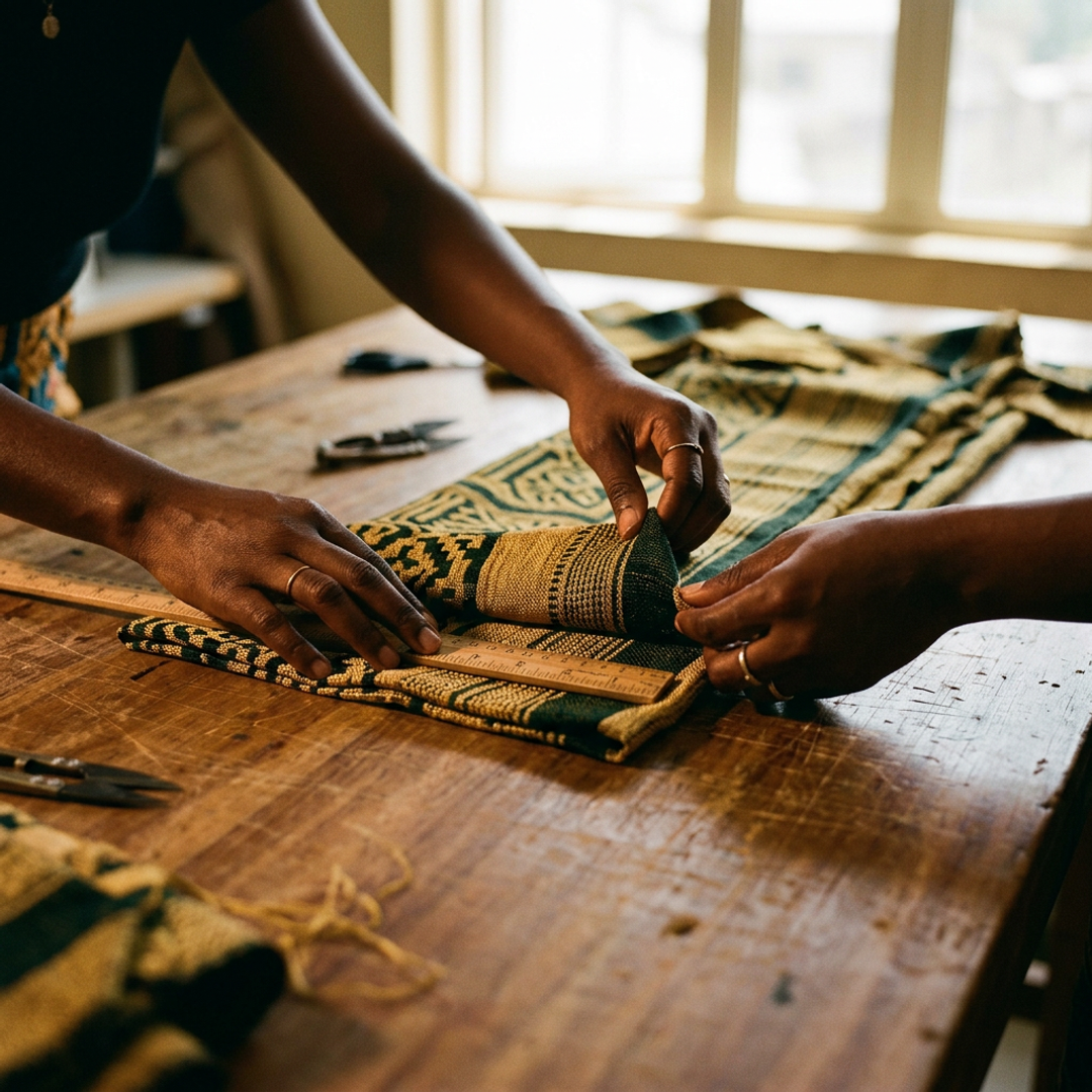 Hands carefully handling handwoven Aso-oke fabric, examining the texture of the weave