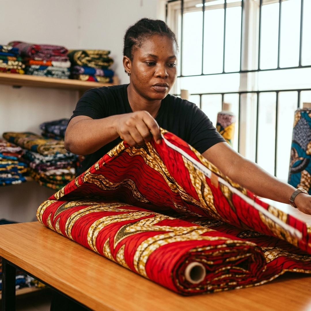 Close-up of vivid Ankara fabric with geometric wax-print patterns spread across a work table
