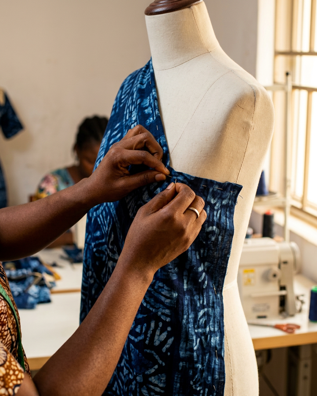 A student working with Ankara fabric at an NFD Fashion Academy practicum session, measuring and pinning cloth on a dress form