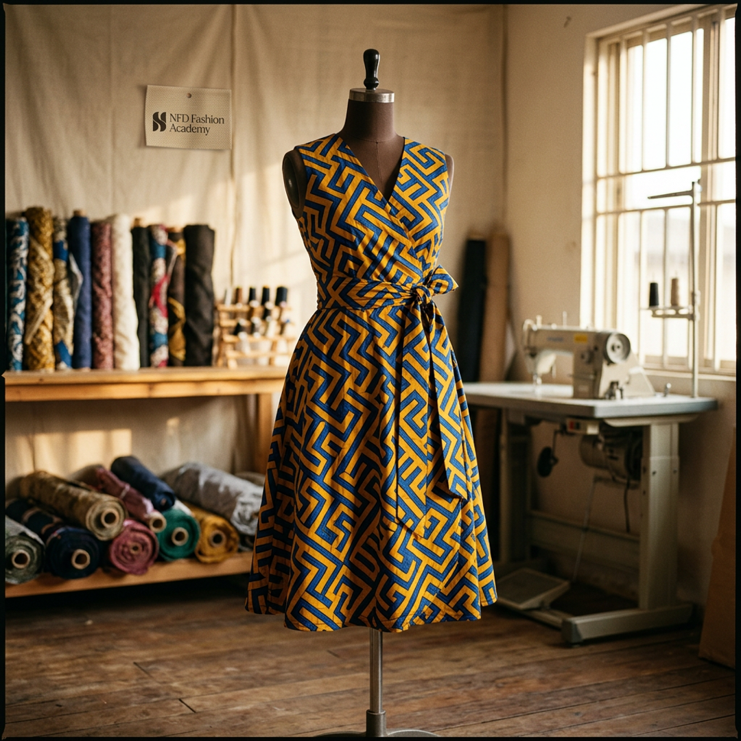 Finished Ankara and Adire garments displayed on dress forms inside an NFD Academy studio