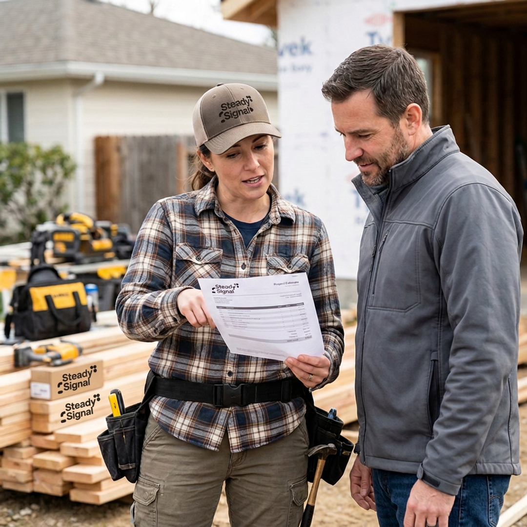 Contractor reviewing project plans with a homeowner on a job site