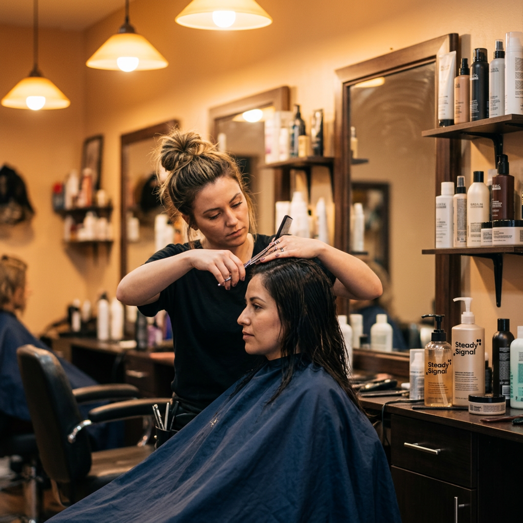 Salon stylist consulting with a client in a bright, welcoming shop