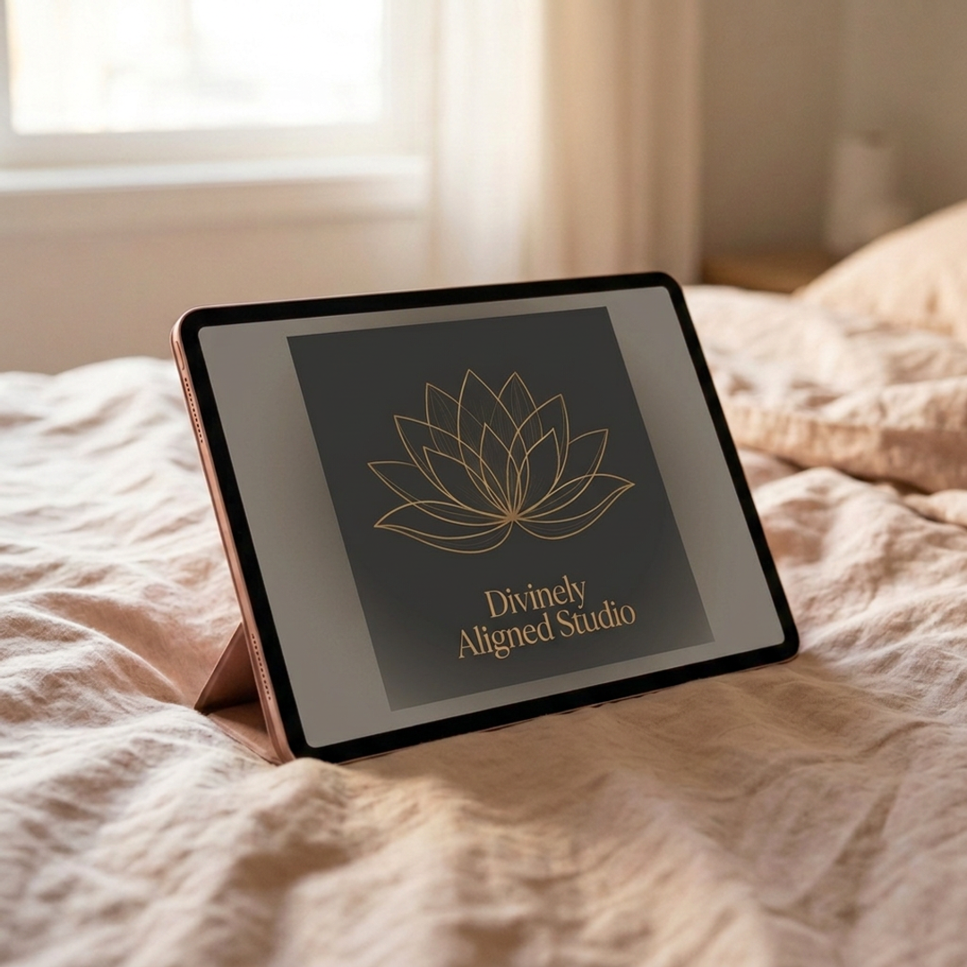 Rose-gold iPad resting against a linen cushion on a wooden surface, screen glowing warm amber with an abstract lotus cover design in antique gold