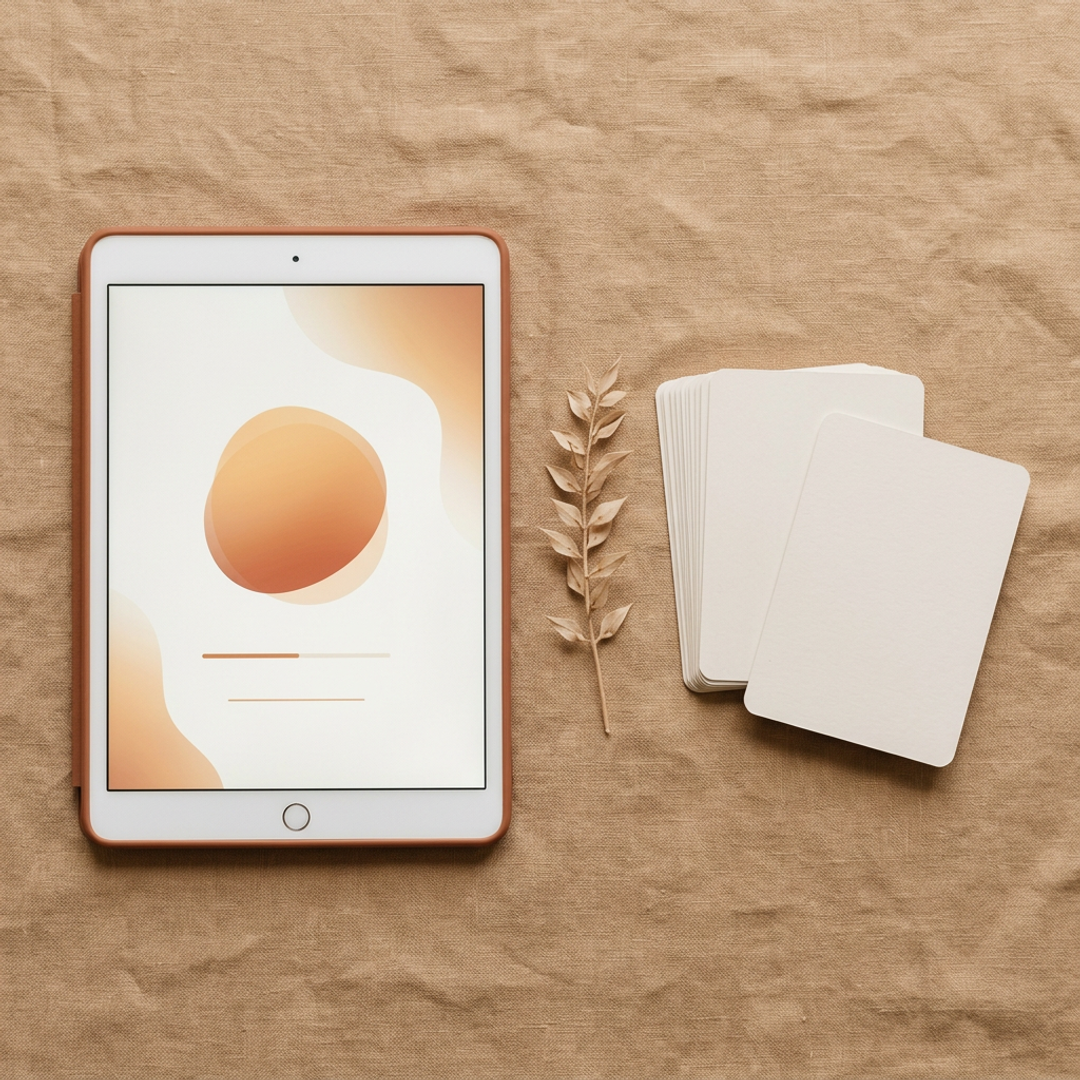 iPad with warm amber lotus cover design and a fanned spread of affirmation cards arranged on ivory linen with a dried botanical sprig between them