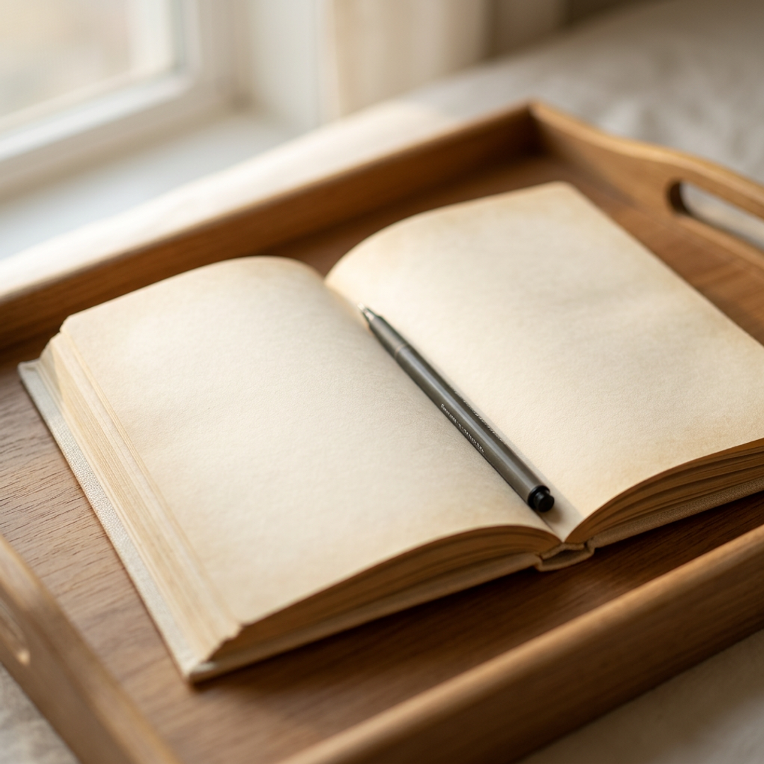 Open sacred journal on warm linen with a fine-tip pen, dried botanicals and a beeswax candle softly blurred behind in warm morning light