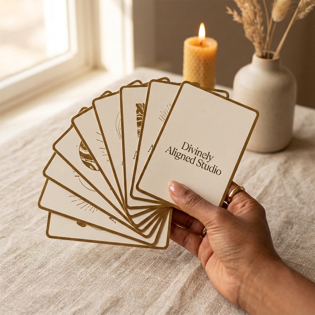 Fanned spread of cream affirmation cards with antique gold typography held in a woman's hand, softly blurred candle behind in warm morning light