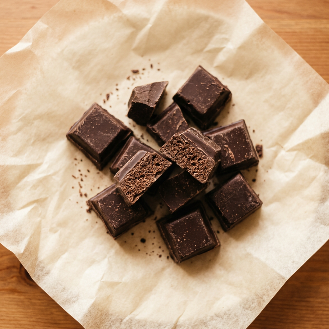 Dark chocolate chunks broken from a bar, scattered on a wooden surface