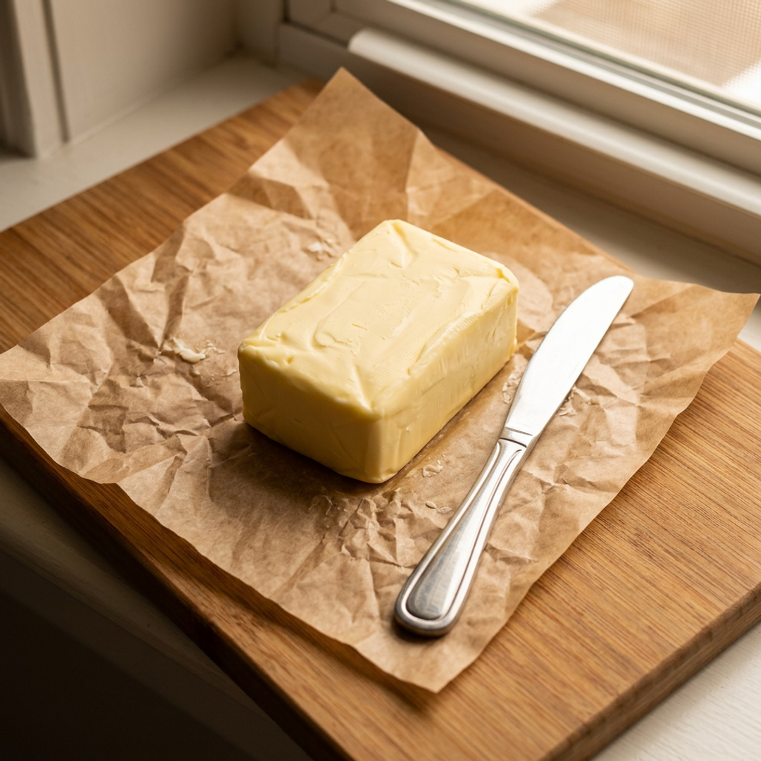 A slab of real butter resting on parchment paper, golden and soft