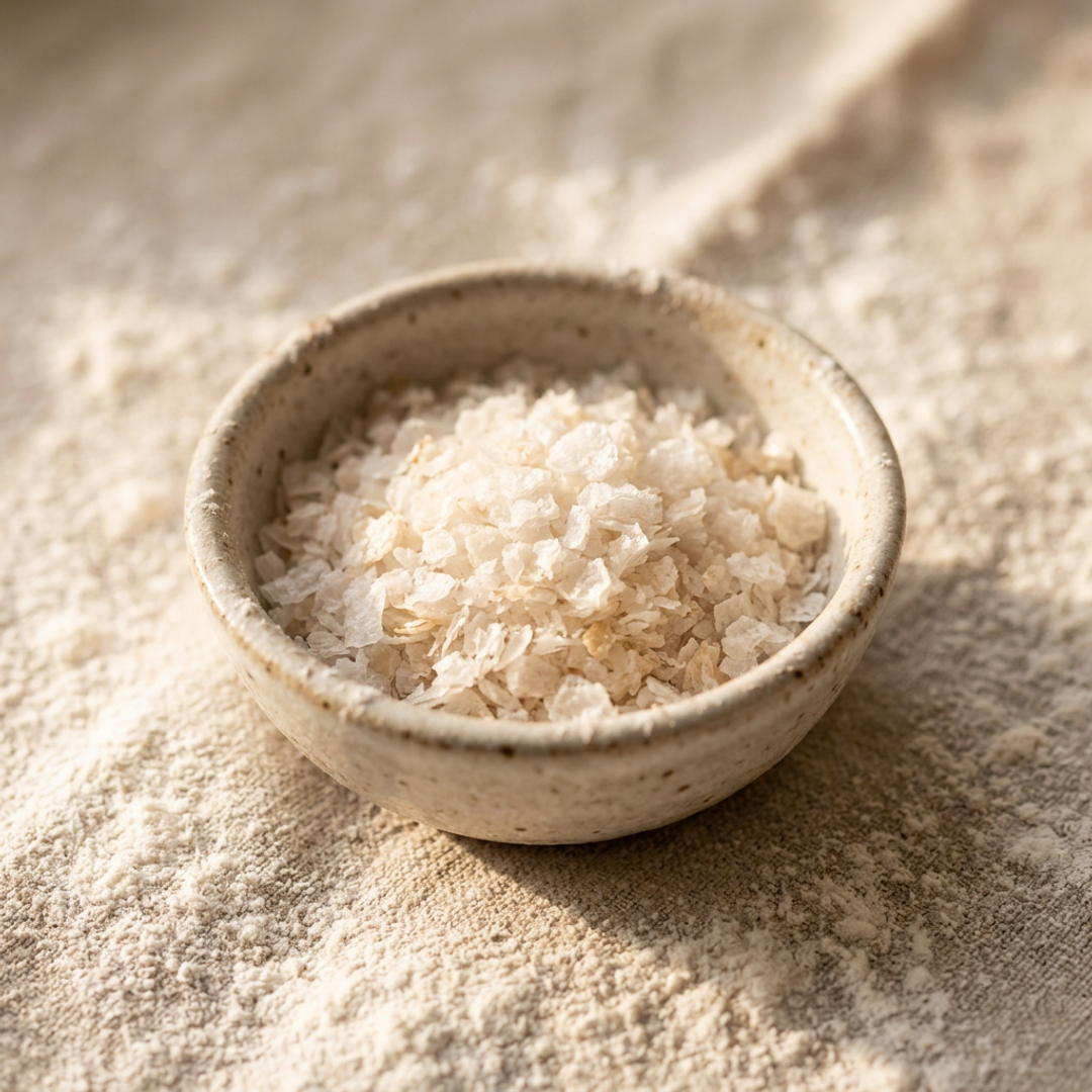Flaky sea salt crystals close up, catching warm morning light