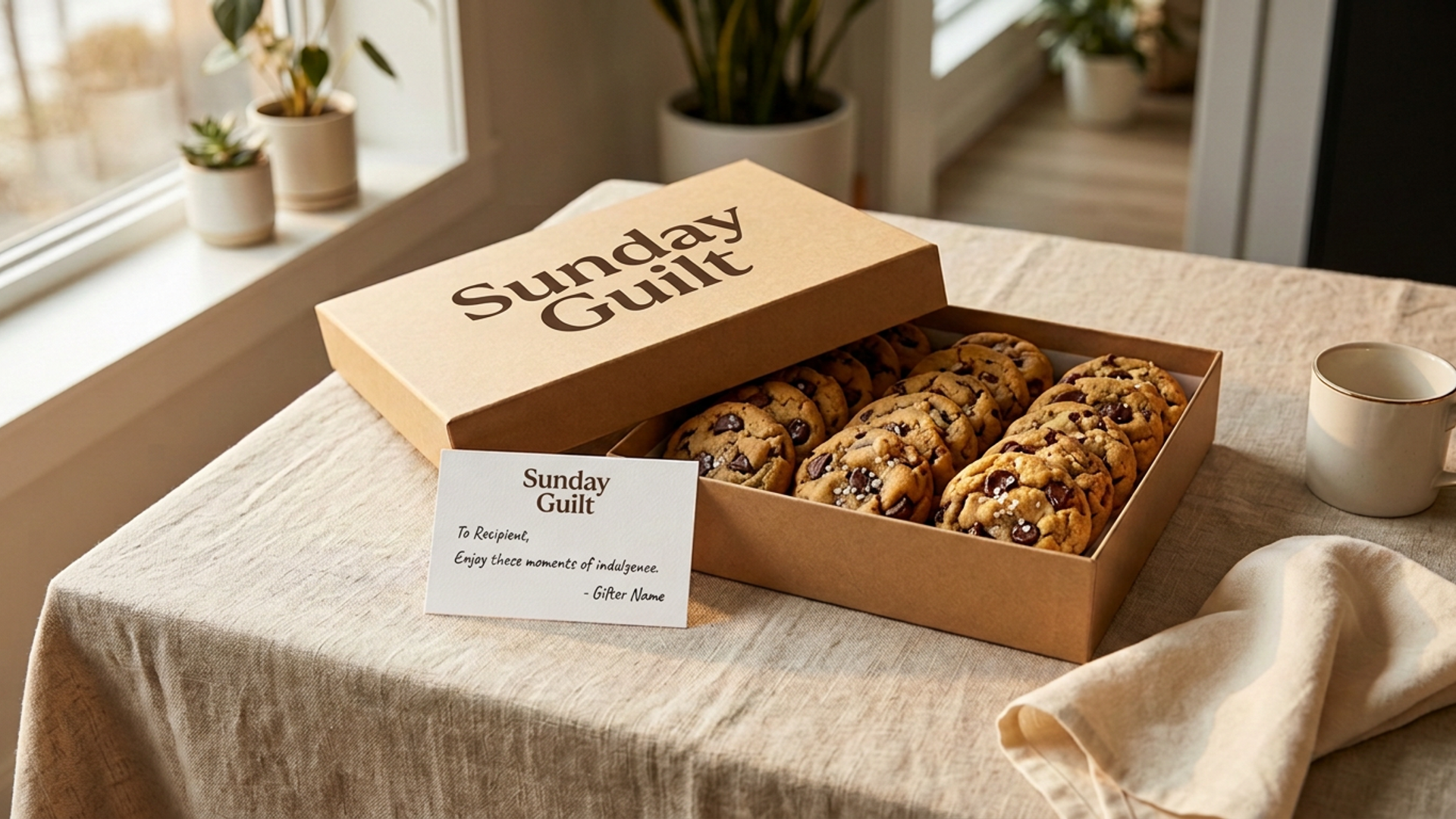 Classic Dozen cookie box on a rustic linen surface with a Sunday Guilt branded card