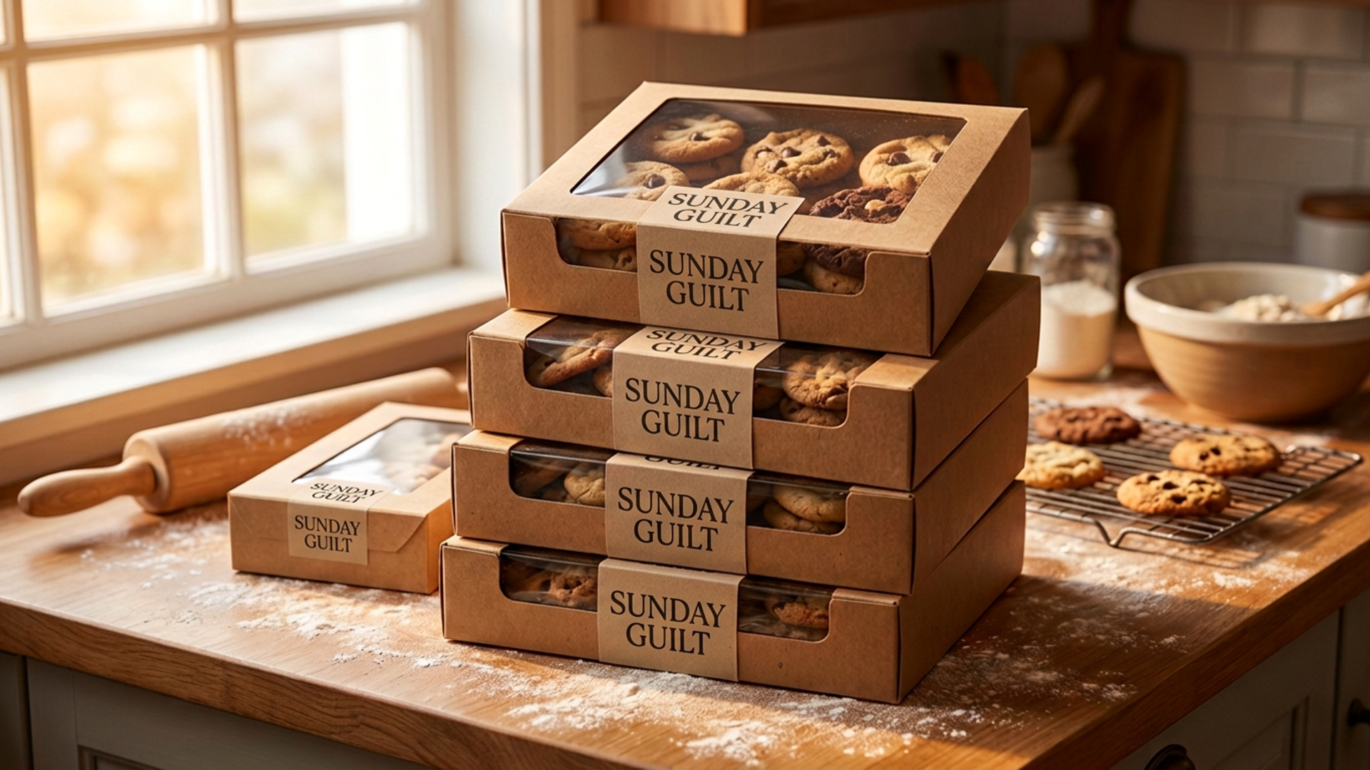 Occasion Bundle artisan cookie boxes for corporate events, warm natural light