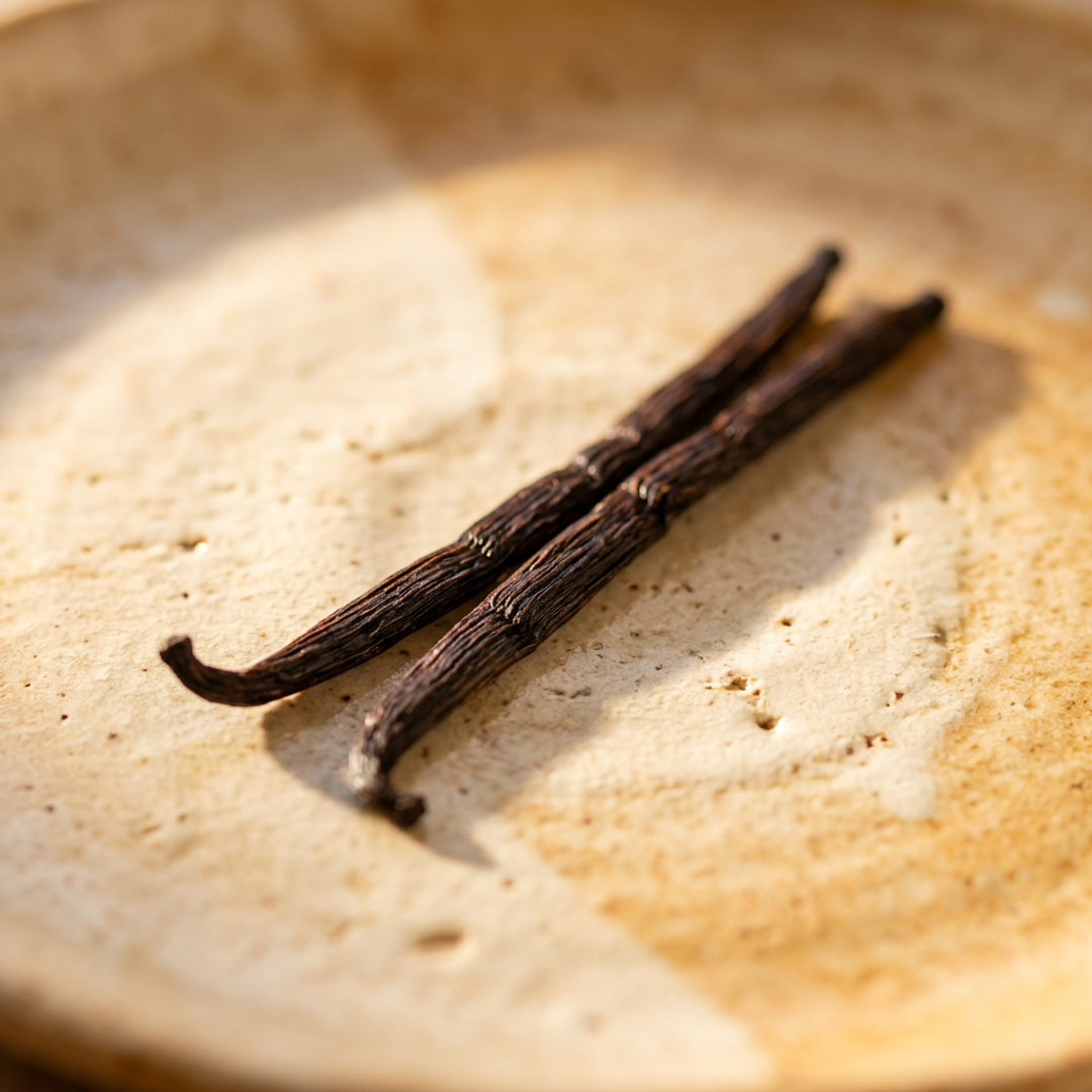 Whole vanilla beans split open to show dark seeds inside