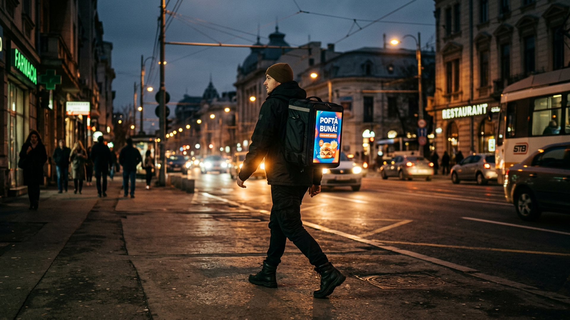 Carry Signal courier with LCD backpack in Bucharest streets